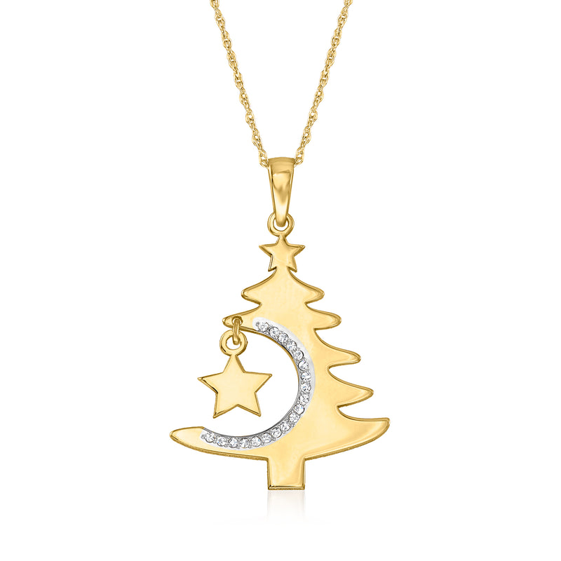 Yellow gold cut-out Christmas tree pendant necklace with diamond accents, crescent and star
