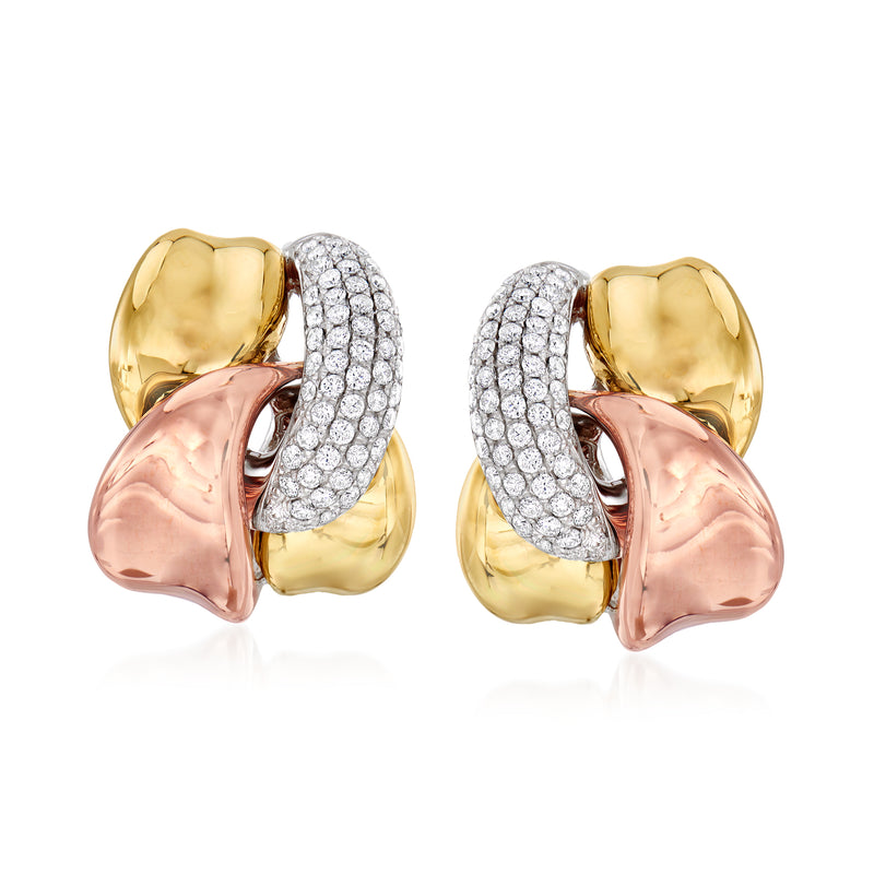 Pair of diamond interlocking twist earrings in tri-colored 14kt gold
