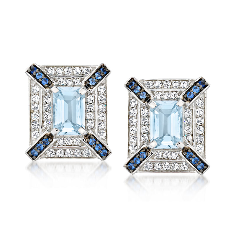 14kt white gold stud earrings with aquamarine center, diamond halo, blue sapphire corners