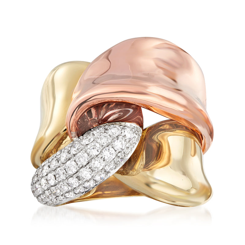 Diamond interlocking twist ring in tri-colored gold with pavé diamond front