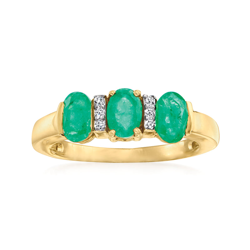 14kt yellow gold emerald ring with three oval green stones and diamond accents