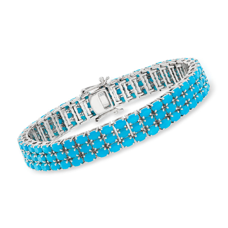 Turquoise three-row tennis bracelet in sterling silver with bezel-set stones