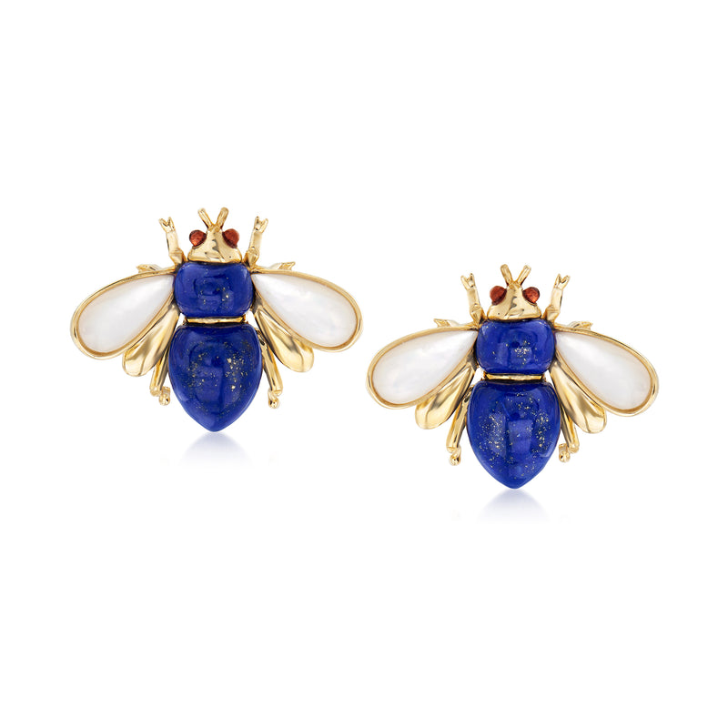 Blue lapis bee earrings with mother-of-pearl wings, 14kt yellow gold posts