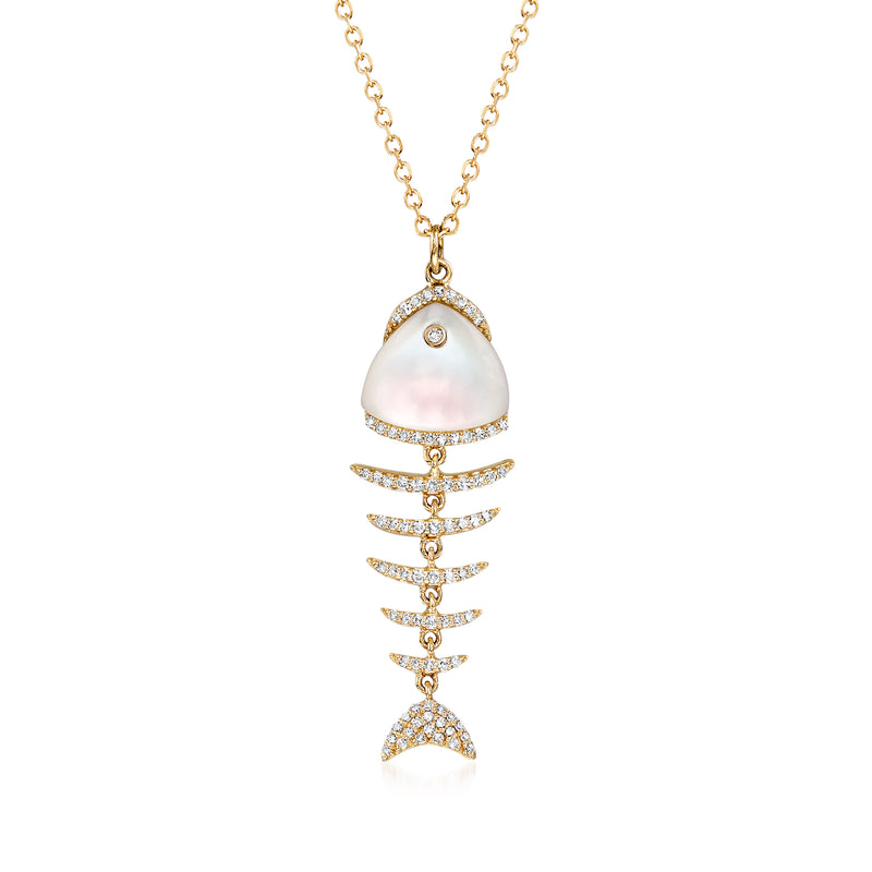 Fishbone pendant necklace in 14kt yellow gold with mother-of-pearl and diamond accents