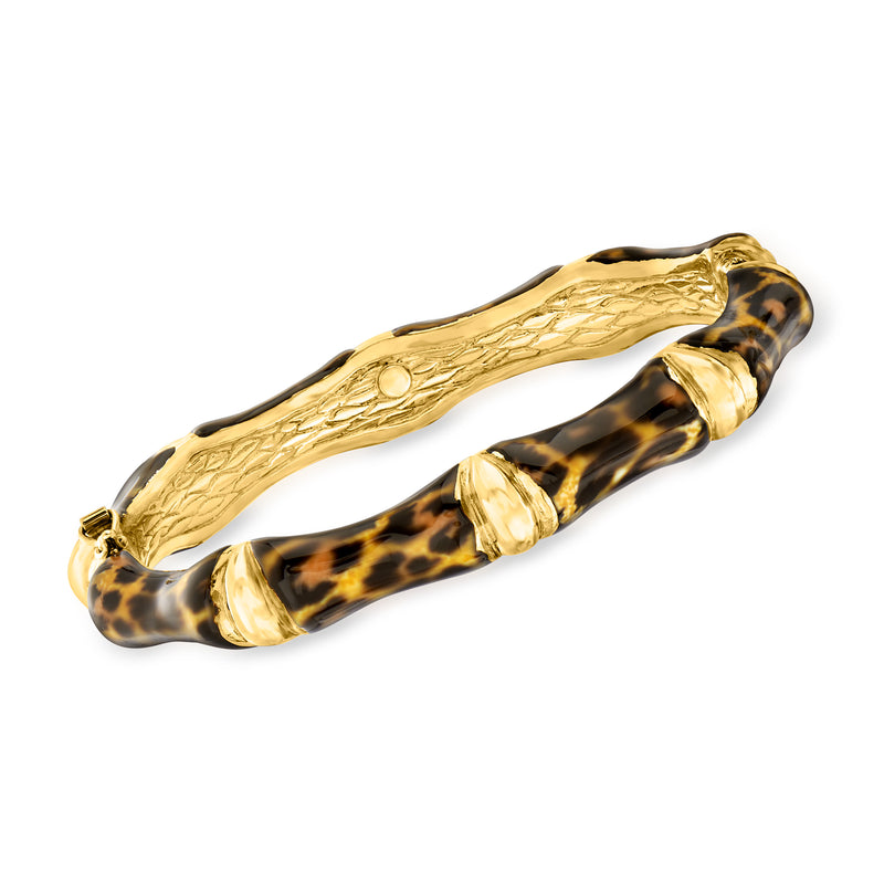 Gold bamboo-style bangle bracelet with leopard-print enamel and textured gold rim