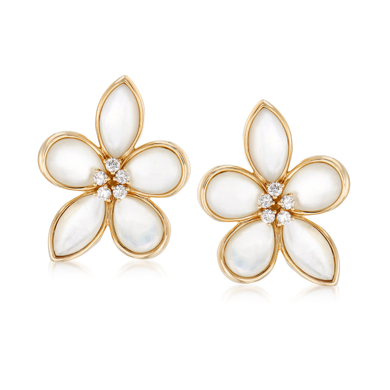 14kt yellow gold flower earrings with mother-of-pearl petals and diamond center