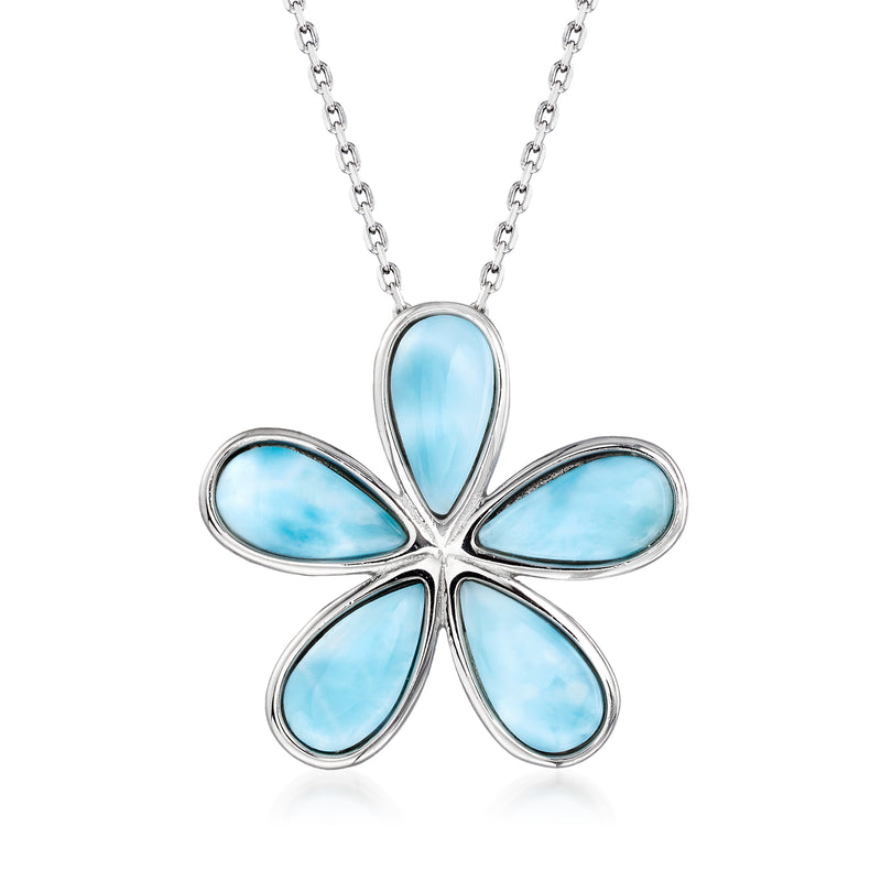 Larimar flower pendant necklace in sterling silver with five blue teardrop petals