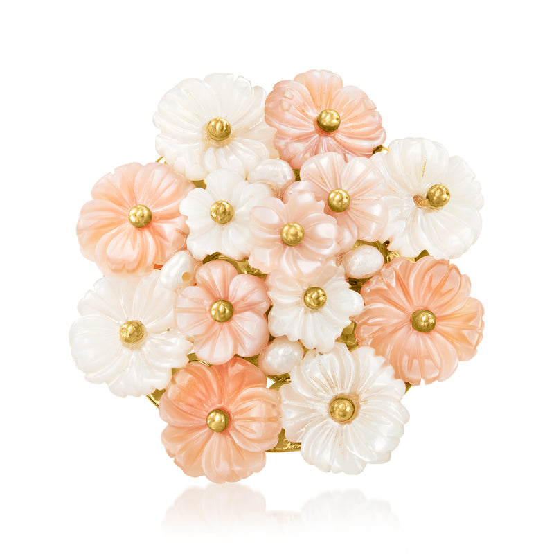 Pink and white mother-of-pearl flower ring with gold-toned centers