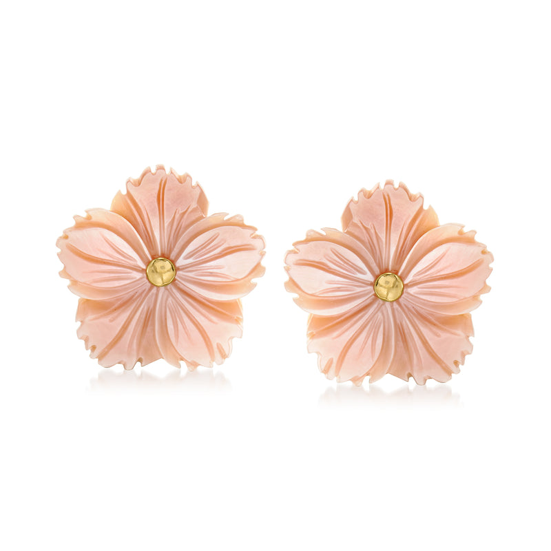 Pink mother-of-pearl flower stud earrings with gold-tone centers