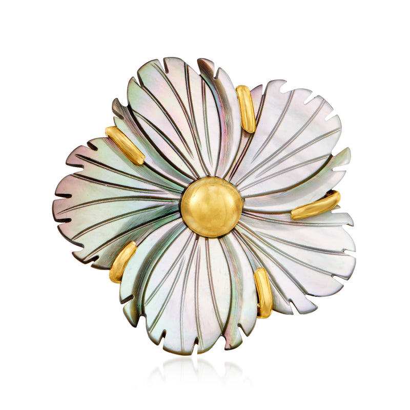 Mother-of-pearl flower ring with gold-tone center and inlaid petal details