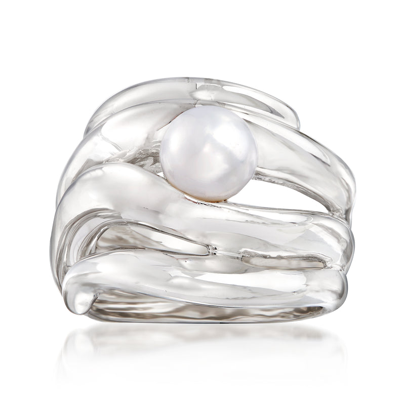 Sterling silver open-space ring with 7–8mm cultured pearl center, polished band