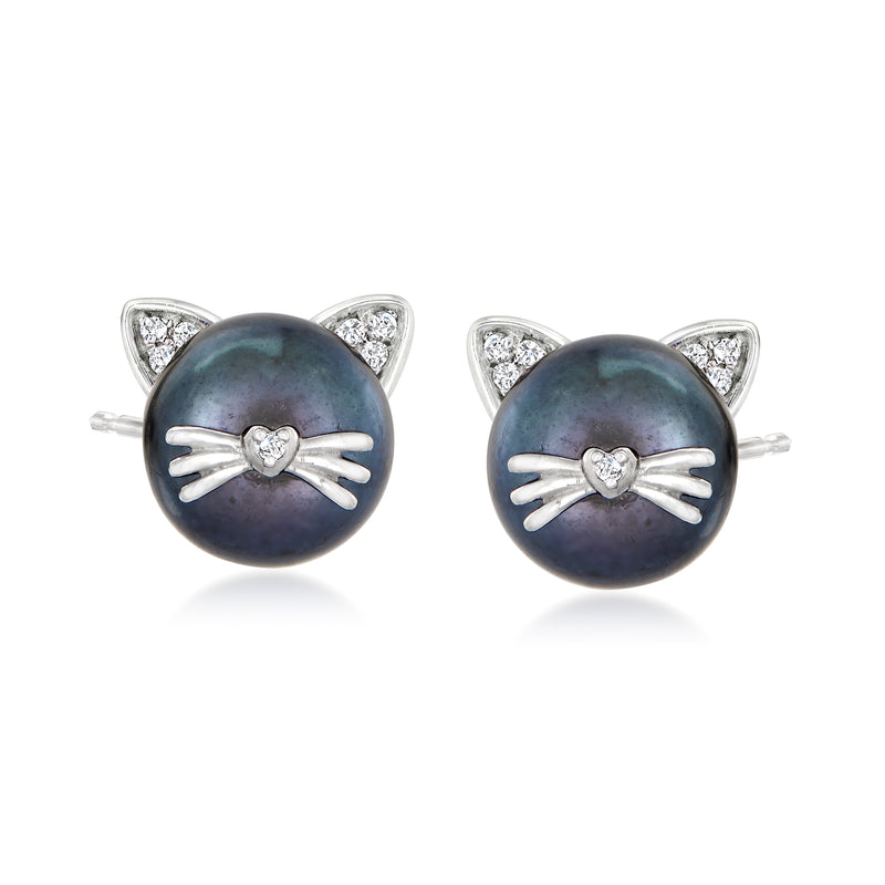Sterling silver cat stud earrings with dark pearl, diamond face, post backs