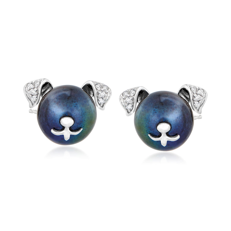 Sterling silver post earrings with dark blue/black pearl dog faces and diamond accents