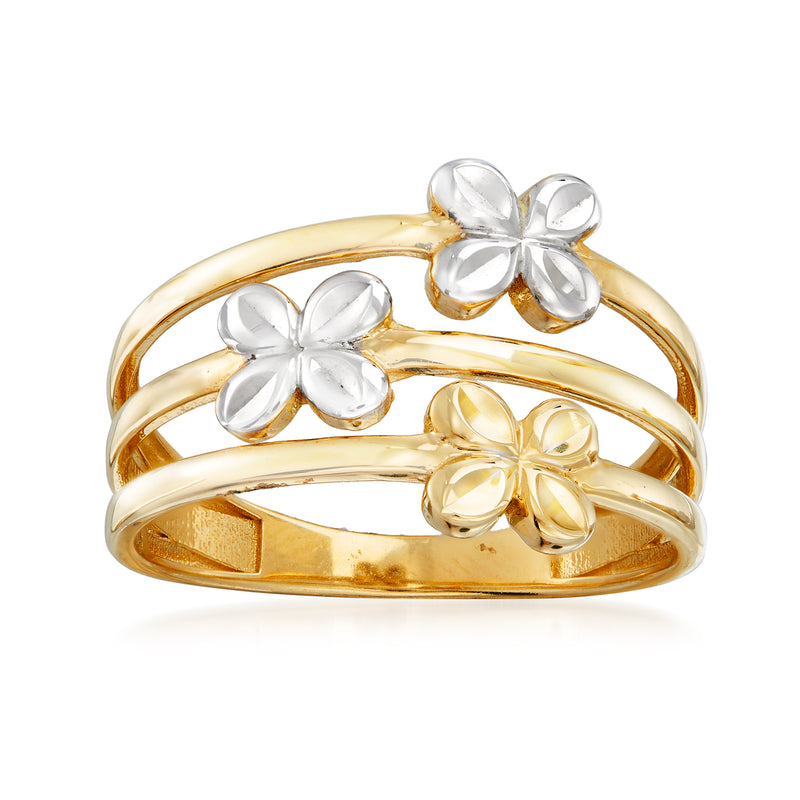 14kt yellow gold flower ring with three tiered blossoms, clear crystal petals in white and gold