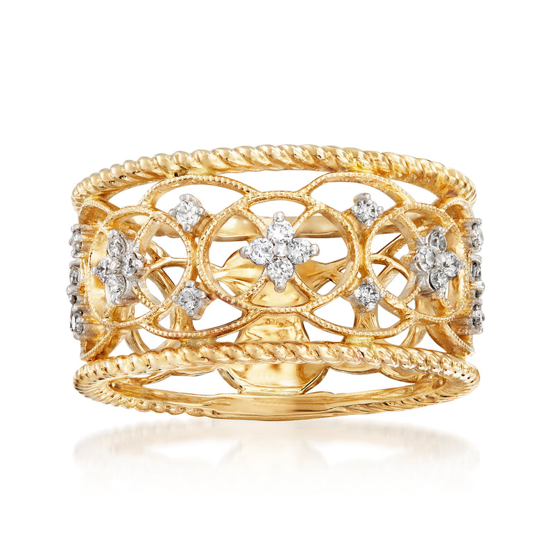 14kt yellow gold openwork filigree diamond ring with five round-cut stones