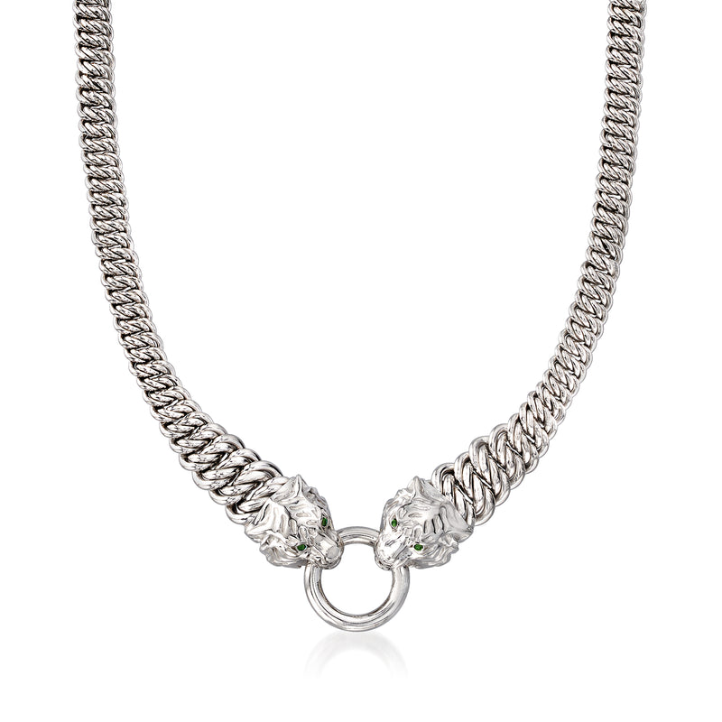 Sterling silver panther necklace with green enamel, braided chain and ring clasp