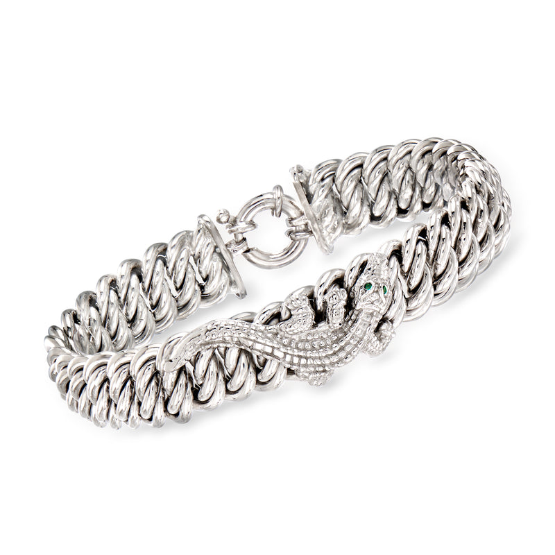 Sterling silver alligator bracelet with green enamel eyes and link chain clasp