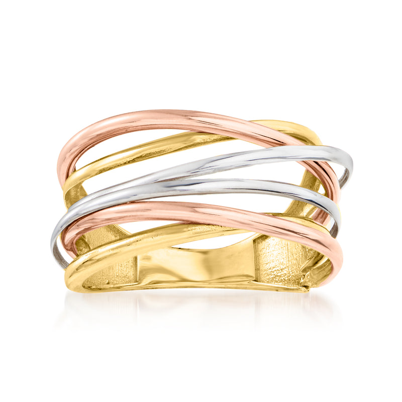 Tri-colored 14kt gold highway ring with rose, yellow, and white gold bands