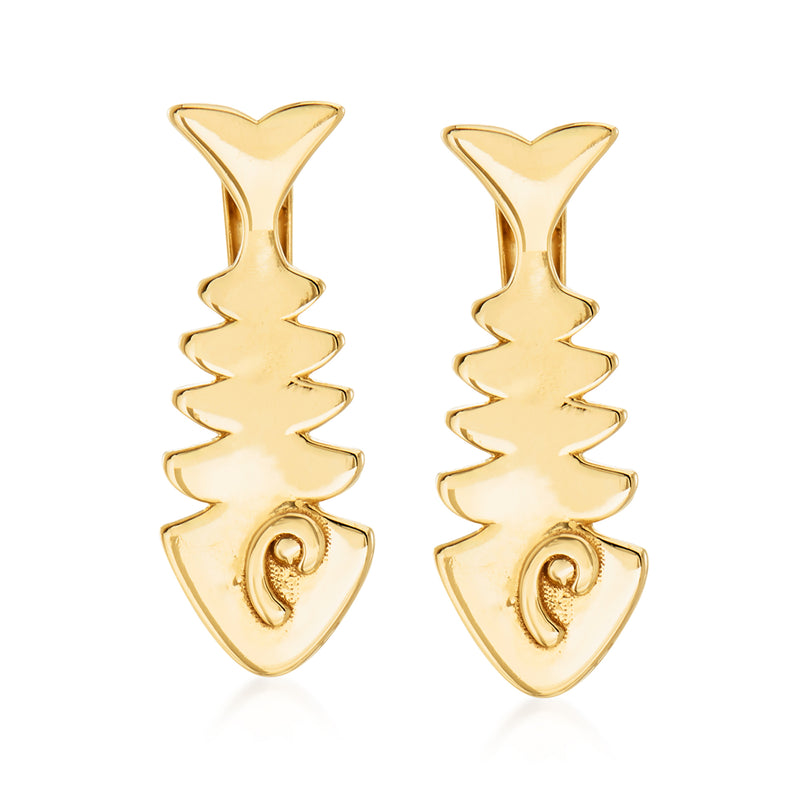 14kt yellow gold fishbone post earrings, arrow drop silhouette with swirl accent