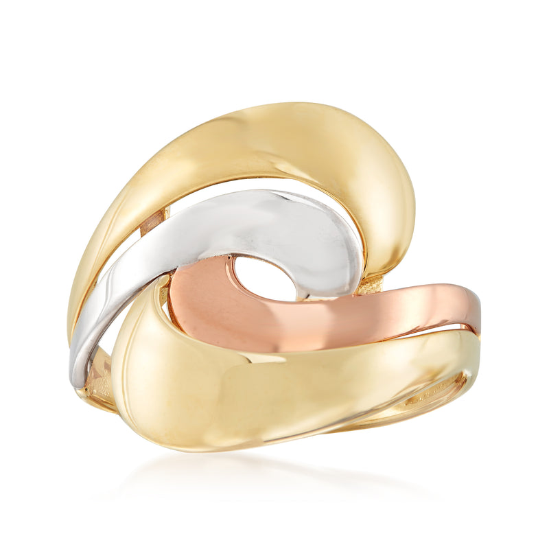 14kt tri-colored gold swirl ring with polished gold, silver, and rose accents