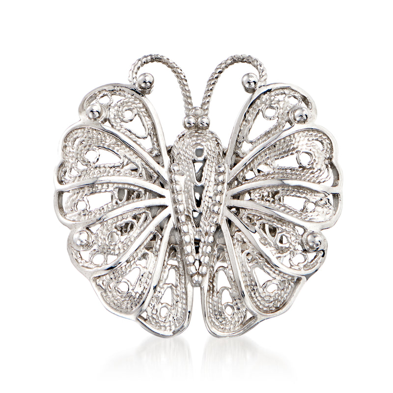 Sterling silver filigree butterfly ring with openwork wing details and raised central body
