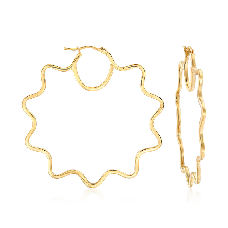 Italian 14kt yellow gold wavy hoop earrings, wavy texture, hinged back