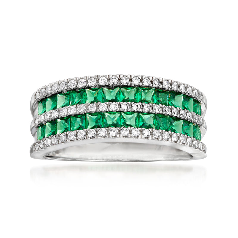 Sterling silver double-row ring with green simulated emerald and clear CZ stones