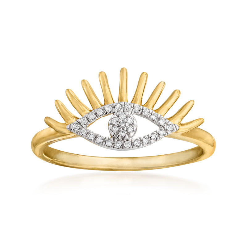 14kt yellow gold eye ring with round diamond eye and halo accents