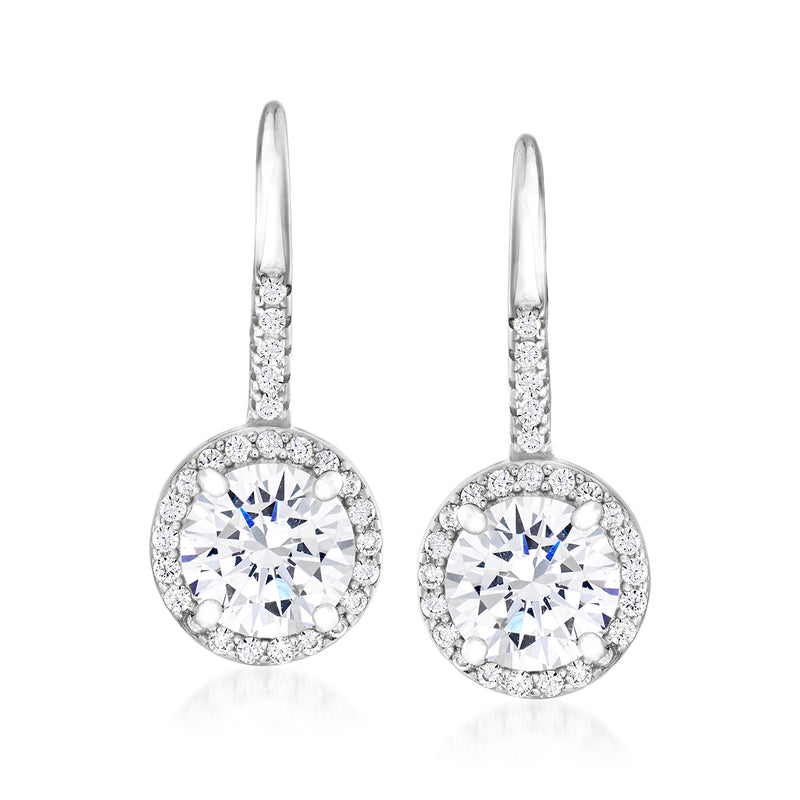 Sterling silver CZ drop earrings with round halo and leverback closure