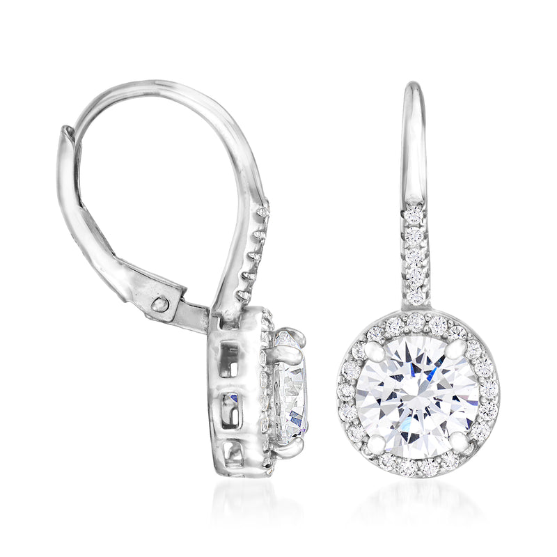 Sterling silver CZ drop earrings showing leverback clasp and round halo stones