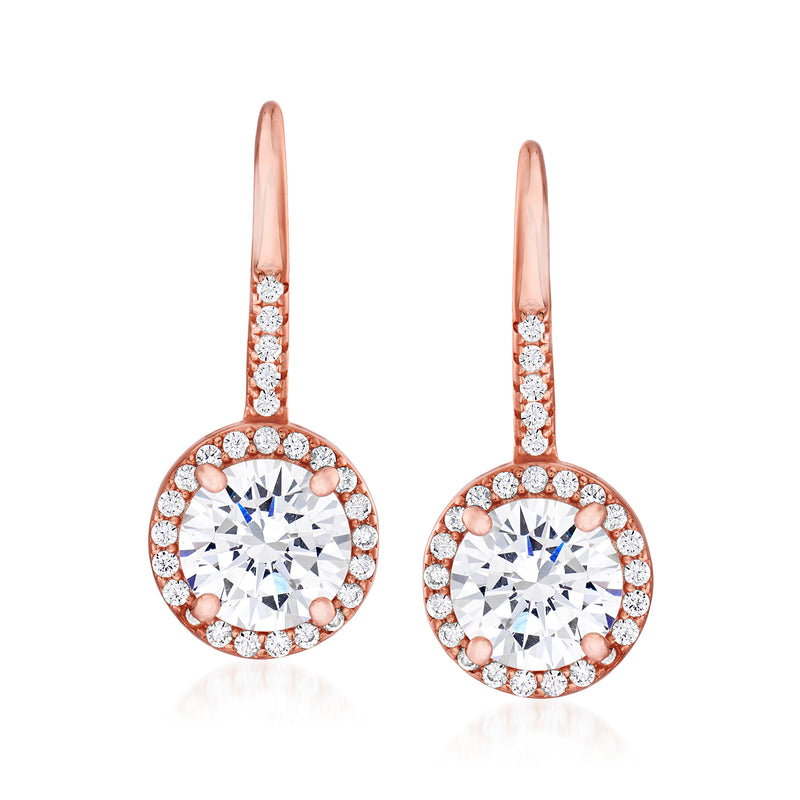 Rose gold CZ drop leverback earrings with round halo and white center stones