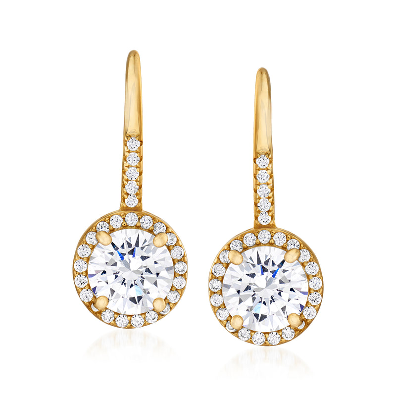 Gold-tone CZ drop earrings with round halo stones, leverback hooks.