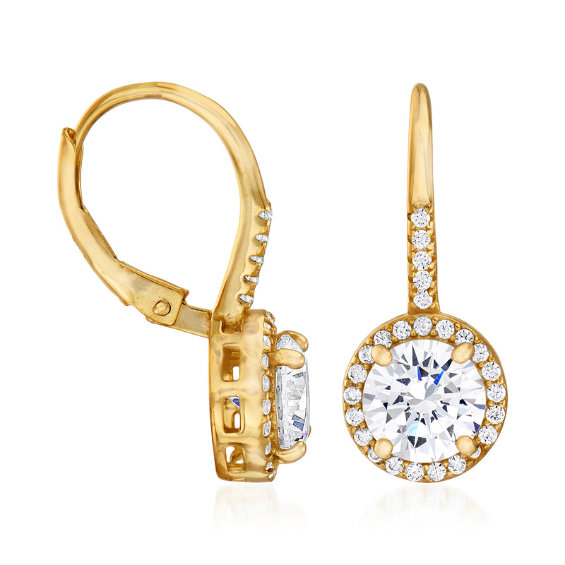 Gold-tone CZ drop earrings with round halo stones, leverback clasp detail.