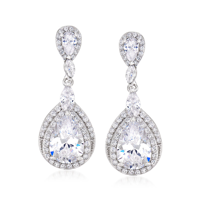 Pear-shaped drop earrings in sterling silver with clear CZ stones, teardrop design