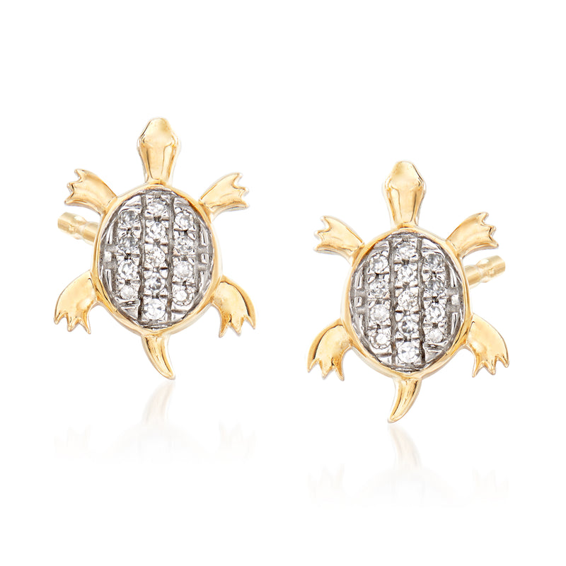 14kt yellow gold turtle stud earrings with diamond accents, oval bezel, post backs
