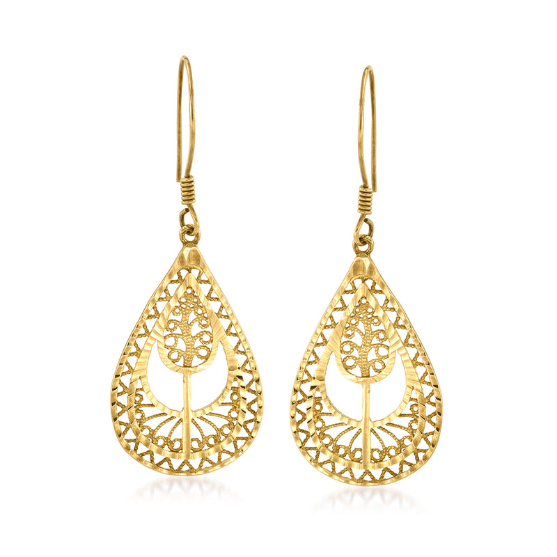 18kt gold over sterling teardrop filigree openwork earrings with earwire hooks