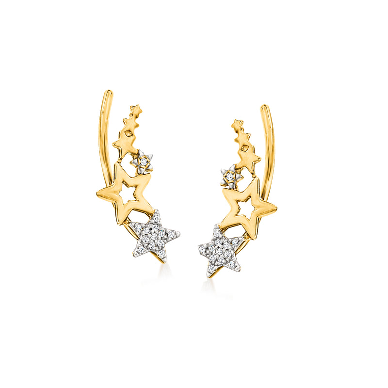 14kt yellow gold star ear climber stud earrings with diamond accents