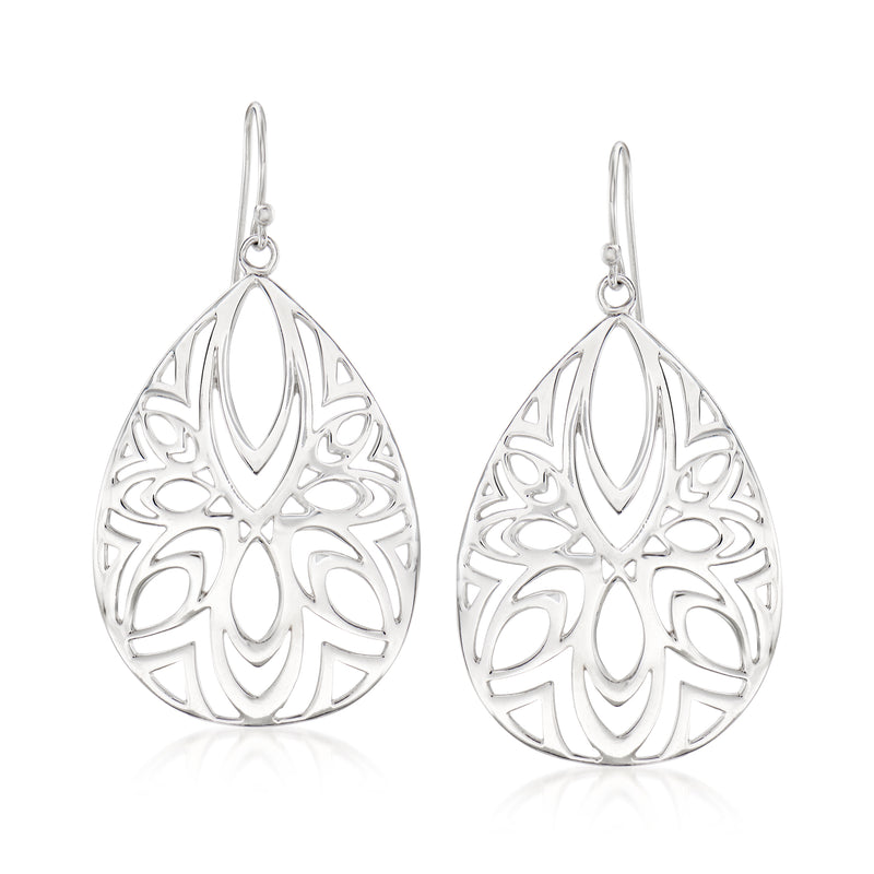 Sterling silver openwork teardrop earrings with circular cutout pattern and hook backs