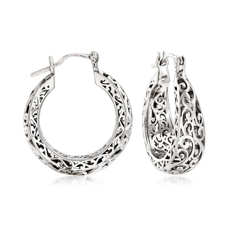 Sterling silver openwork swirl hoop earrings with pierced filigree