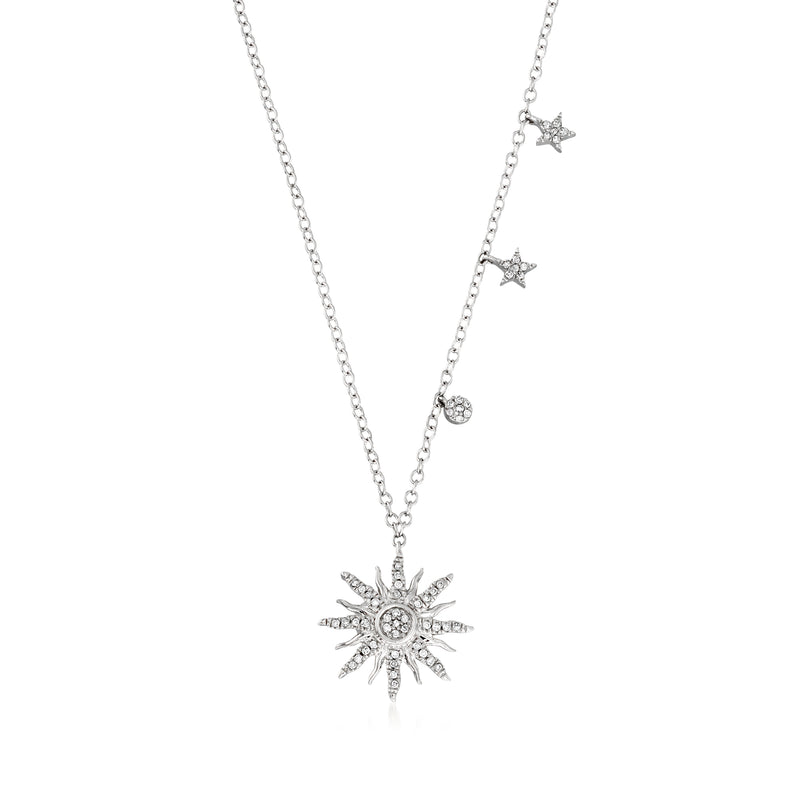 Sterling silver diamond starburst pendant necklace with star drop charms