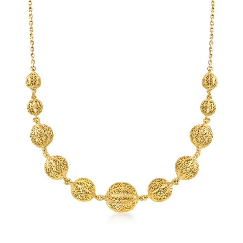 18kt gold over sterling openwork filigree bead necklace with round ornate beads