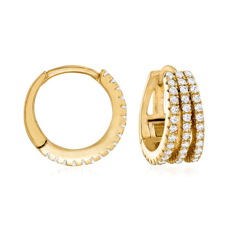 Gold over sterling hoop earrings with multi-row round CZ stones along the rim