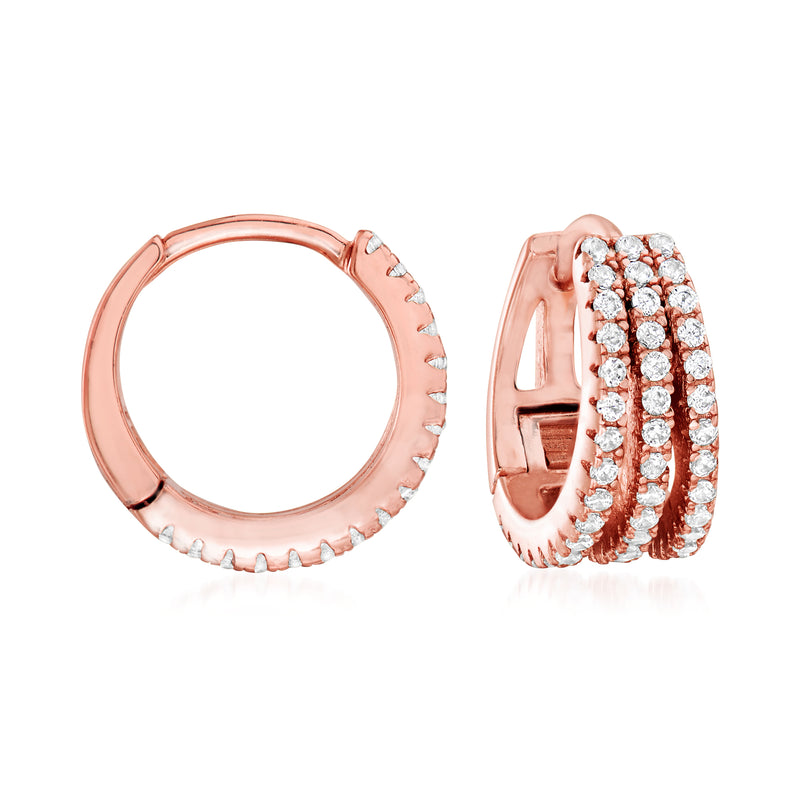 Rose gold hoop earrings with multi-row clear CZ stones, oval hinged hoop