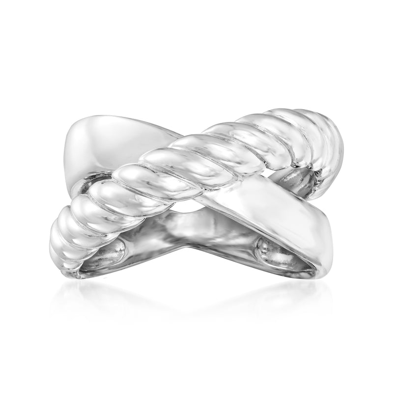 Sterling silver X design ring with polished braided crossover band