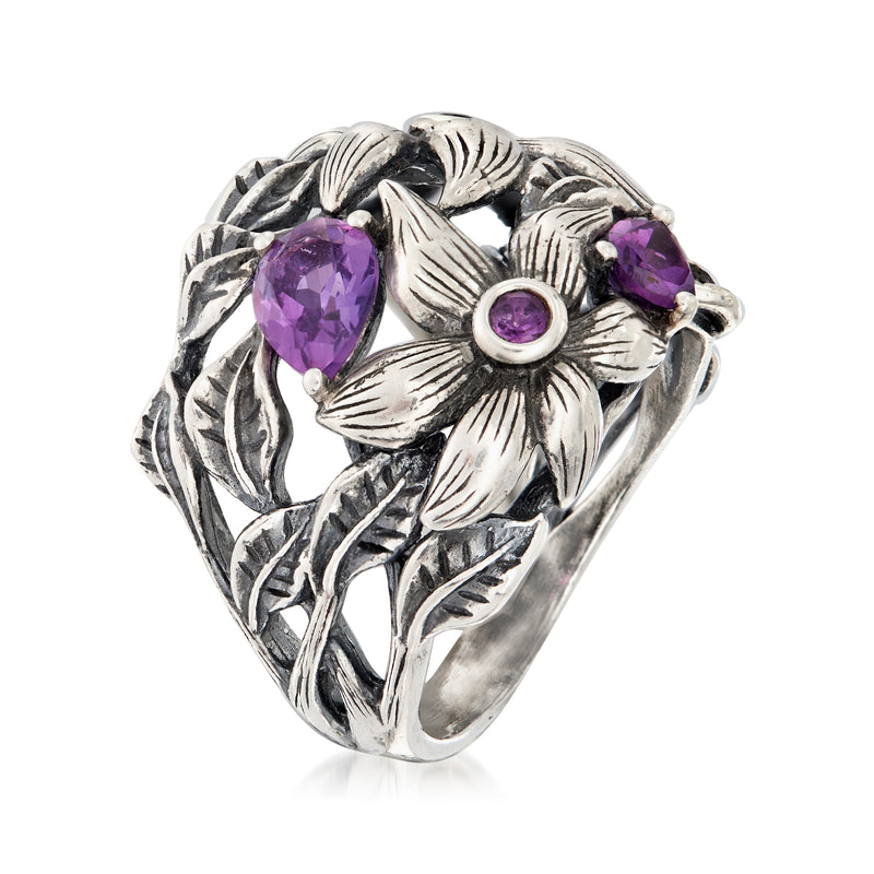 Sterling silver amethyst flower ring, side view with purple gemstone accents