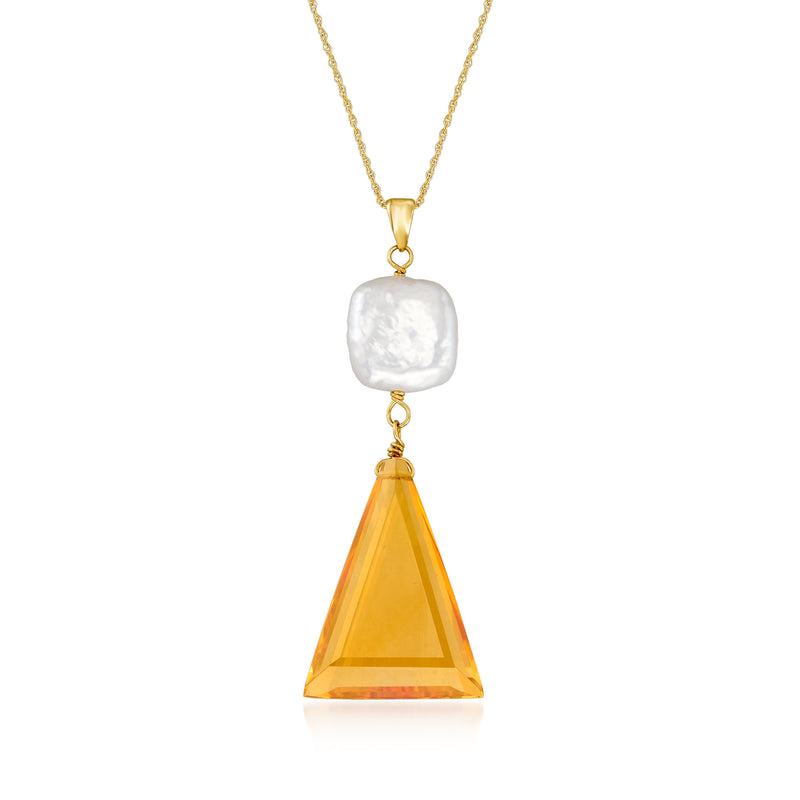 14kt yellow gold pendant necklace with white cultured pearl and orange citrine drop
