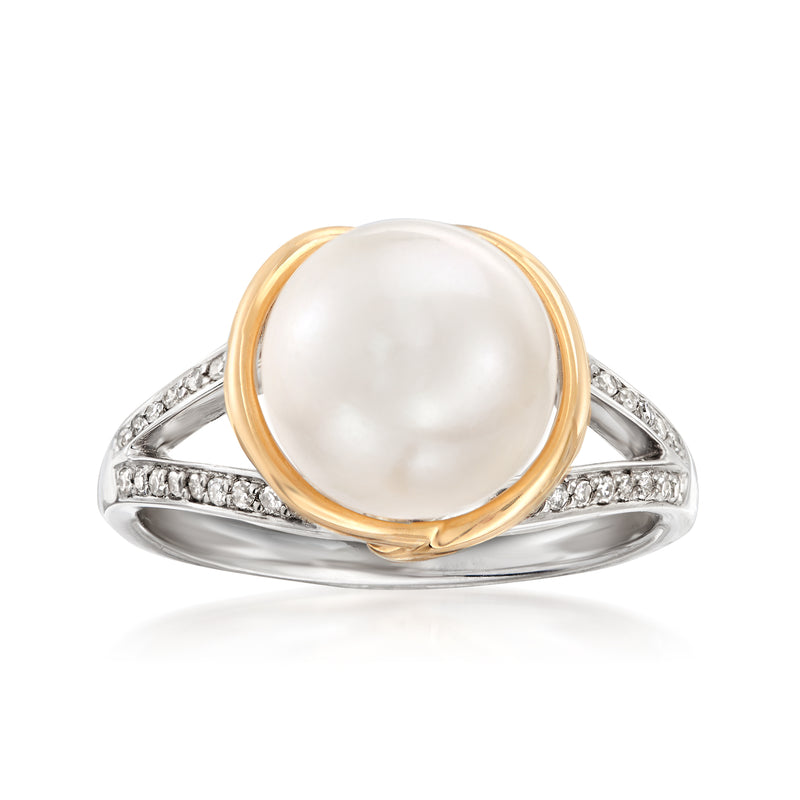 Cultured pearl and diamond ring in sterling silver with 14kt yellow gold setting