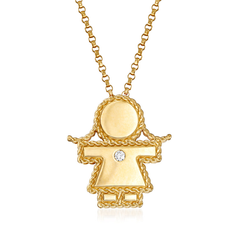 18kt yellow gold girl pendant necklace with diamond accent and round face detail