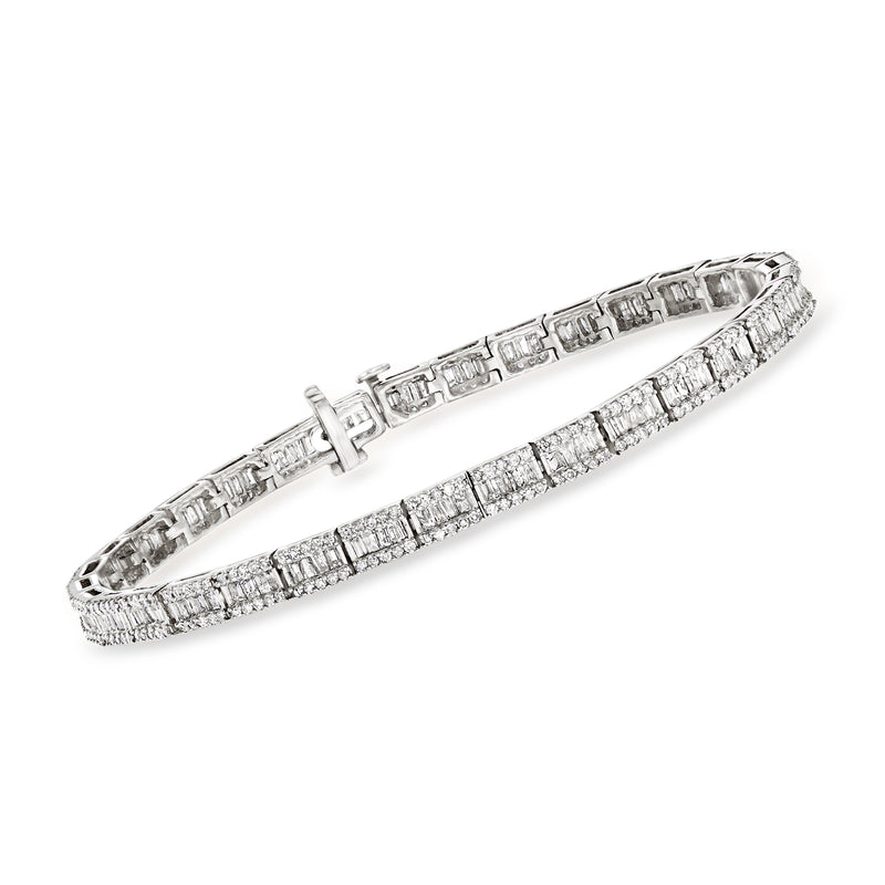 14kt white gold diamond bracelet with baguette and round-cut stones, hinged clasp