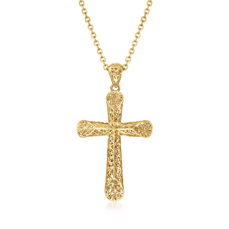 14kt yellow gold openwork cross pendant necklace with linked chain
